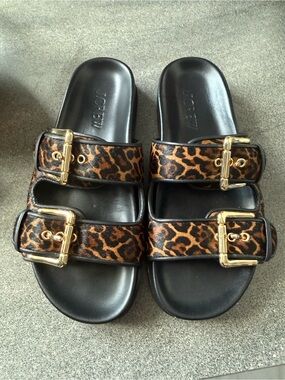 J. Crew Leopard Print Double-Buckle Slide Sandals with Gold Buckles